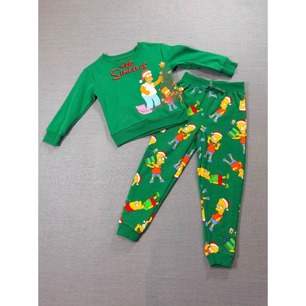 The Simpsons Christmas Pajama Set Kids 4/5 Green Excellent Holiday Graphic